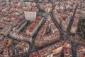 Aerial drone shot of modern buildings near Turo de la Rovira in Barcelona morning