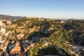 Aerial drone shot of MUHBA Turo de la Rovira hill in Barcelona in morning