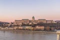 Aerial drone shot of National Gallery Buda Castle on hill during Budapest sunrise