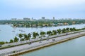 Aerial drone shot over the highway in downtown Miami Florida