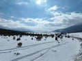 Aerial, drone shot over leafless trees, above a snowy mountain and beautiful snowy mountain peaks. Winter wilderness, on Royalty Free Stock Photo