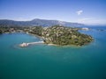 Aerial drone shot of Panagia church and Gouvia bay in Corfu Greece. Royalty Free Stock Photo