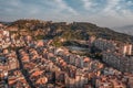 Aerial drone shot of park guell hill in Barcelona in morning