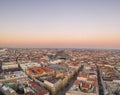 Aerial drone shot of Pest side of Budapest in Hungary during winter sunset hour