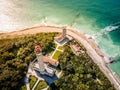 Aerial drone shot of the Phare des Baleines or Lighthouse of the Whales at sunset and sea view on Ile de RÃÂ© or island of Re Royalty Free Stock Photo