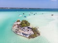 Aerial Drone Shot of the Pirate Channel of Bacalar Quintana roo, Mexico. Shipwreck island in Lagoon of seven colors