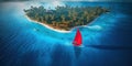 Aerial drone shot of a red sailing yacht anchored in crystal clear turquoise water near of island. AI generative illustration