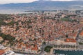 Aerial drone shot of residents buildings near Marjan Diocletian Palace in sunrise in Split Croatia