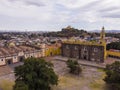 Aerial Drone Shot of San Gabriel Archangel Cathedral at cloudy day in Cholula, Puebla, Mexico Royalty Free Stock Photo