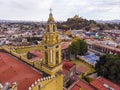 Aerial Drone Shot of San Gabriel Archangel Cathedral at cloudy day in Cholula, Puebla, Mexico Royalty Free Stock Photo