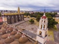 Aerial Drone Shot of San Gabriel Archangel Cathedral at cloudy day in Cholula, Puebla, Mexico Royalty Free Stock Photo