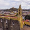 Aerial Drone Shot of San Gabriel Archangel Cathedral at cloudy day in Cholula, Puebla, Mexico Royalty Free Stock Photo