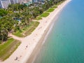 Aerial drone shot of Sanya bay beach with tourists Sanya city Hainan island China Royalty Free Stock Photo