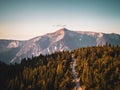 Aerial drone shot of the snowy Rax mountain range in the Northern Limestone Alps, Austria