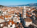 Aerial drone shot of Split with old port in Croatia sunrise hour Royalty Free Stock Photo