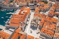 Aerial drone shot of St. Blaise Church in luzar square Stradun street in Dubrovnik old town in Croatia summer