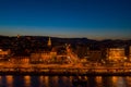 Aerial drone shot of St. Francis parish church by Danube in Budapest twilight Royalty Free Stock Photo