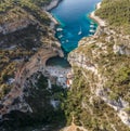 Aerial drone shot of Stiniva cove beach of Adriatic sea on Vis Island in Croatia summer Royalty Free Stock Photo