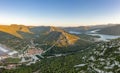 Aerial drone shot of Ston city wall over hill in Ragusa region near Dubrovnik in Croatia summer sunrise Royalty Free Stock Photo