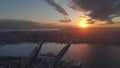 Aerial drone shot of sunset in Istanbul, Turkie. From above, city centre, downtown. Bosphorus.