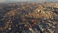 Aerial drone shot of sunset in Istanbul, Turkie. From above, city centre, downtown. Bosphorus.