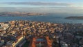 Aerial drone shot of sunset in Istanbul, Turkie. From above, city centre, downtown. Bosphorus.