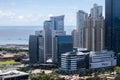 Aerial drone shot of the tall buildings of Panama against the ocean view, Latin America