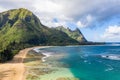 Aerial drone shot of Tunnels Beach on the north shore of Kauai in Hawaii