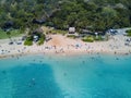 Aerial drone shot view of beach in Hanauma Bay Nature Reserve in Hawaii Royalty Free Stock Photo