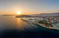 Aerial drone shot view of Split Ferry Port with sunset over horizon in summer Croatia Royalty Free Stock Photo