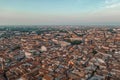 Aerial drone shot view of sunrise on historic Verona city center with red brick city skyline