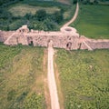 Aerial drone shot of the walls of the ancient city of Nicopolis.Greece Royalty Free Stock Photo