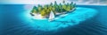 Aerial drone shot of a white sailing yacht anchored in crystal clear turquoise water near of island. AI generative illustration