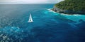 Aerial drone shot of a white sailing yacht anchored in crystal clear turquoise water near of island. AI generative illustration