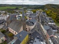 Aerial Drone Shot in Wiltz Luxembourg. View on a Castle at cloudy autumn day in Wiltz