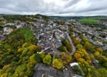 Aerial Drone Shot in Wiltz Luxembourg. View on a Castle at cloudy autumn day in Wiltz Royalty Free Stock Photo