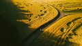 Aerial drone shot of young woman cyclist riding down beautiful countryside road between agricultural fields on sunny summer day. Royalty Free Stock Photo