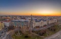 Aerial drone shot of zrinyi utca street before St. Stephen Basilica before Budapest sunrise