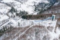 Aerial drone on ski jump tower in Wisla Malinka