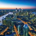 Aerial Drone Sunrise Scene view of London Downtown Skyline with Thames Financial district business Skyscraper and buildings