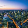 Aerial Drone Sunrise Scene view of London Downtown Skyline with Thames Financial district business Skyscraper and buildings