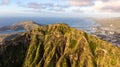 Aerial drone sunrise view of Koko Head Koko Crater mountain, an ancient volcanic tuff crater with its summit 368 m elevation, Royalty Free Stock Photo