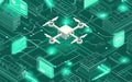 Aerial drone surrounded by digital data structures in an abstract technology environment