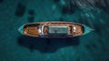 Aerial drone top down photo of luxury yacht nose with wooden deck anchored , generative ai