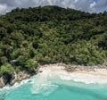 Aerial drone top down view of beatiful beach blue sea. Panorama view of beach with coconut palm tree. Aerial view drone white Royalty Free Stock Photo