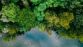 Aerial drone top down view of lake among forest, Nordrhein westfalen, Germany in summer day