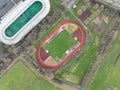 Aerial drone top down view on sports field, amateur sports grounds. Birds eye top down overview. Recreation leisure and Royalty Free Stock Photo