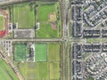 Aerial drone top down view on sports field, amateur sports grounds. Birds eye top down overview. Recreation leisure and Royalty Free Stock Photo