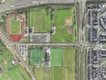 Aerial drone top down view on sports field, amateur sports grounds. Birds eye top down overview. Recreation leisure and Royalty Free Stock Photo