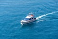 Aerial drone top expensive yacht boat trip Mediterranean bay with deep blue sea Royalty Free Stock Photo